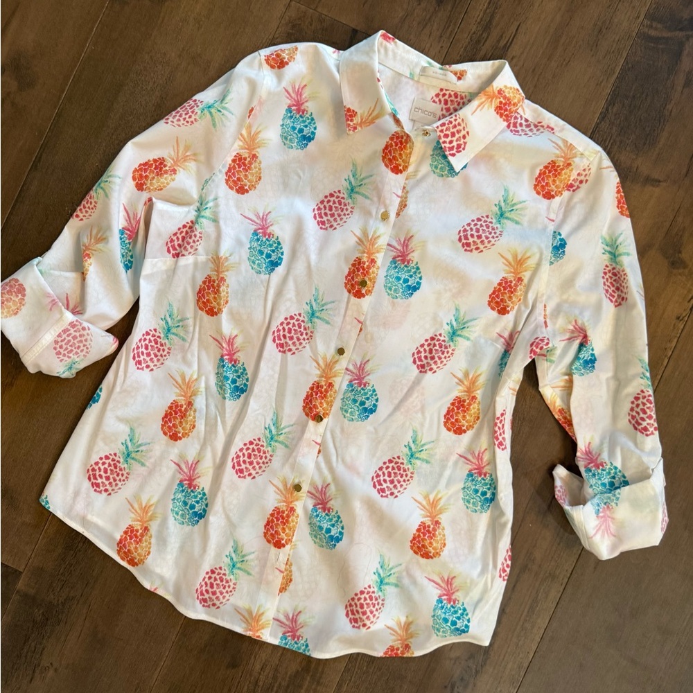 Chicos Pineapple Print Button-Up no-iron Shirt